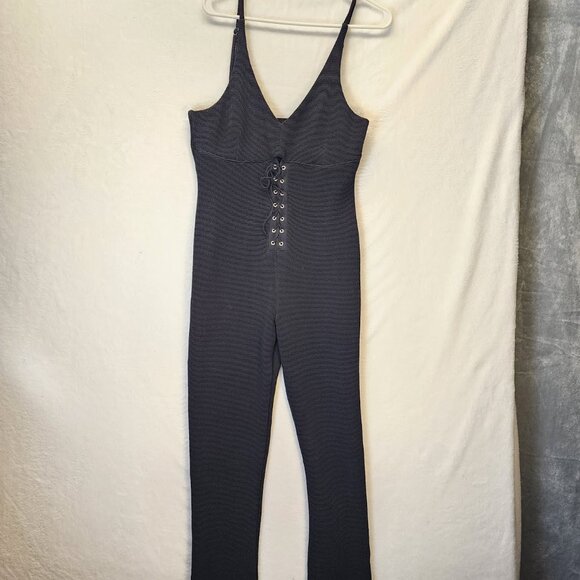 Forever 21 Jumpsuit Womens XL Black Lace Up Front Stretch Form Fitting - Picture 5 of 10